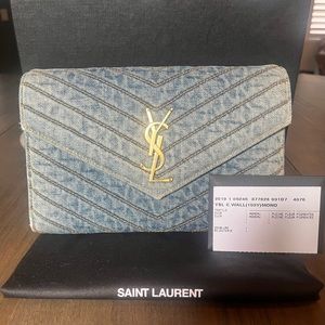 SAINT LAURENT Denim Matelasse Chevron Monogram Chain Wallet